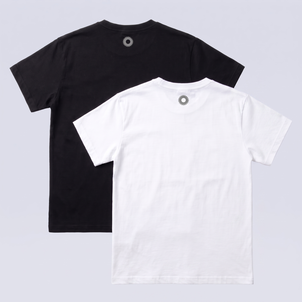 Black and white t-shirts on a light gray background with small reflective blade logo