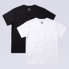 Black and white t-shirts on a light gray background with small reflective blade logo