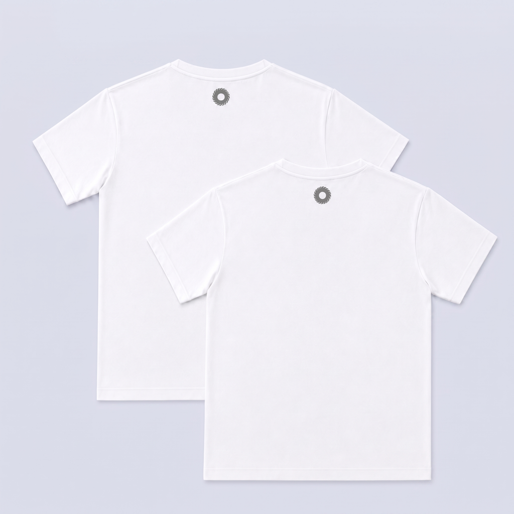 Two white short-sleeve crewneck t-shirts shown from the back, overlapping on a light gray background. Each shirt features a small reflective blade logo centered below the neckline.