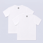 Two white short-sleeve crewneck t-shirts shown from the back, overlapping on a light gray background. Each shirt features a small reflective blade logo centered below the neckline.