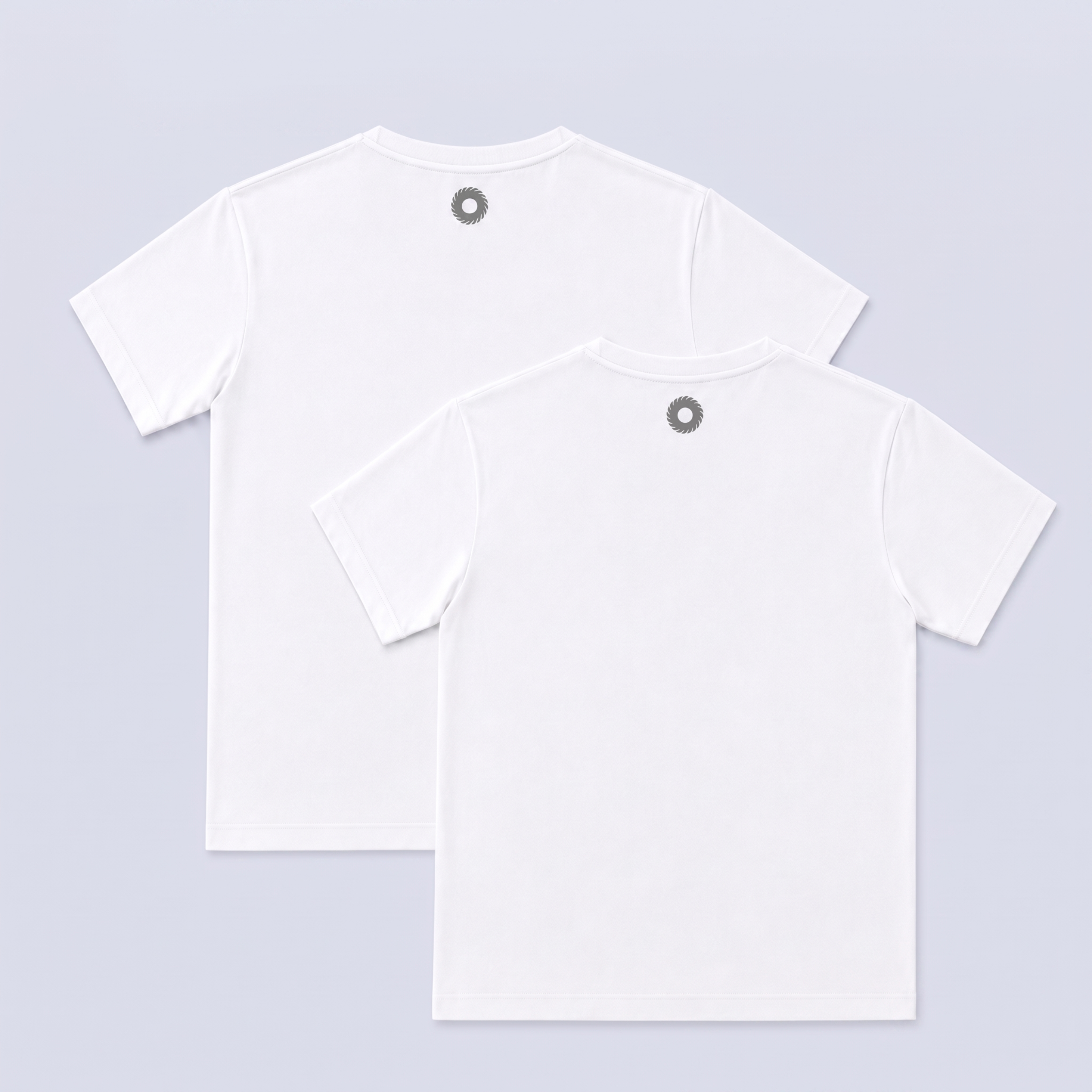 Two white short-sleeve crewneck t-shirts shown from the back, overlapping on a light gray background. Each shirt features a small reflective blade logo centered below the neckline.