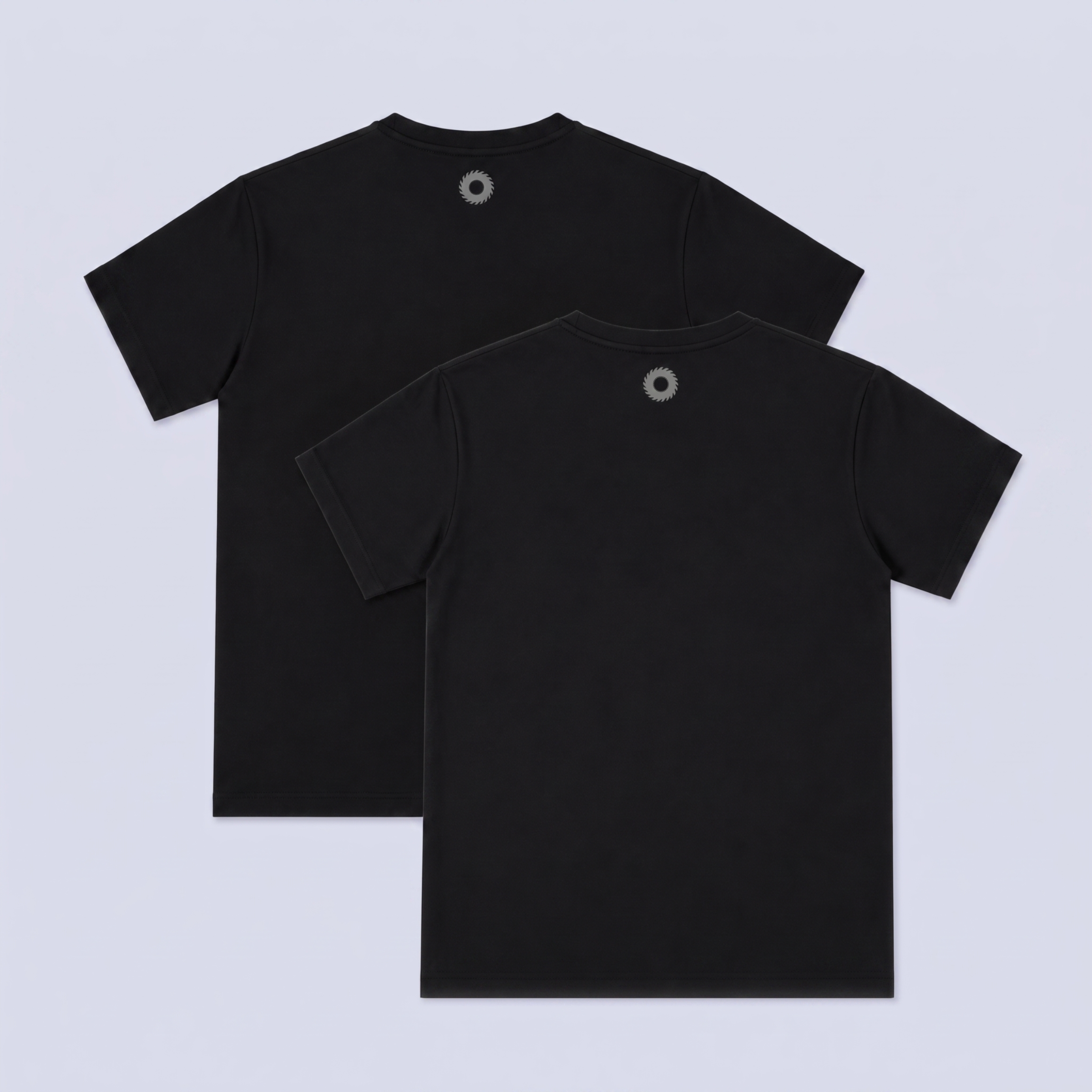 Two black short-sleeve t-shirts shown from the back, overlapping on a light gray background. Each shirt features a circular reflective blade logo centered below the neckline.